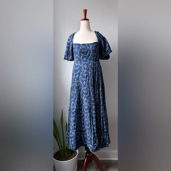 Hill House Blue Floral Square-Neck Midi Dress Puff Sleeves Matilda Charm Scallop - Picture 2 of 10